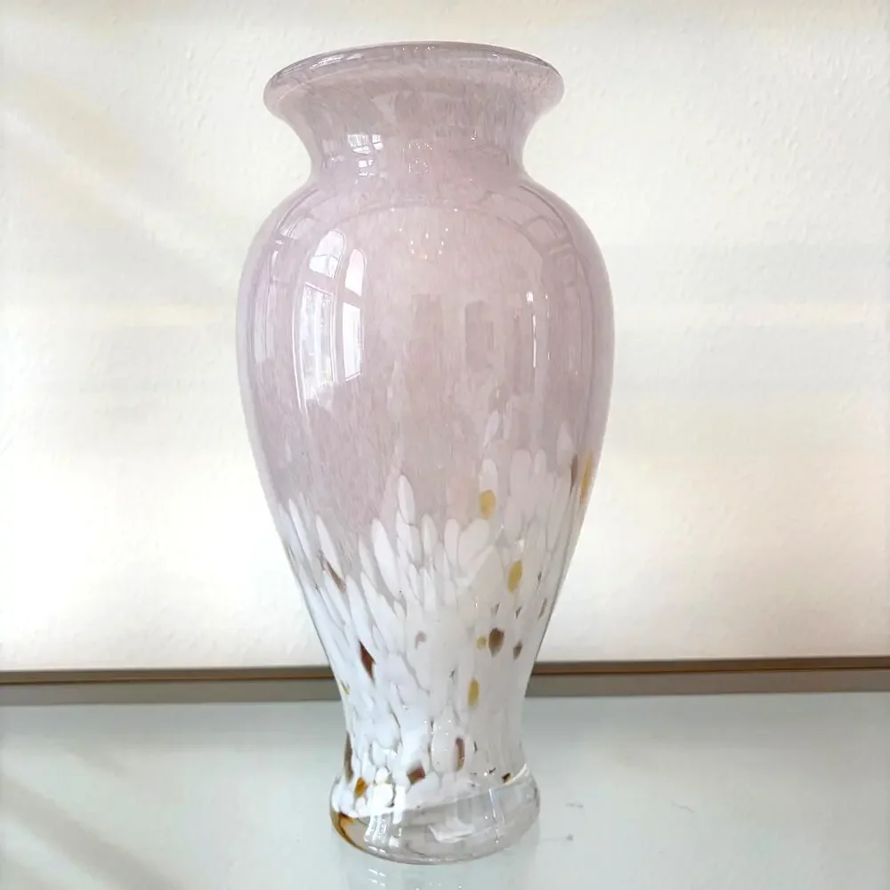 Murano Style Art Glass Vase 11.5in Pastel Pink White Speckled Gold Accents NEW